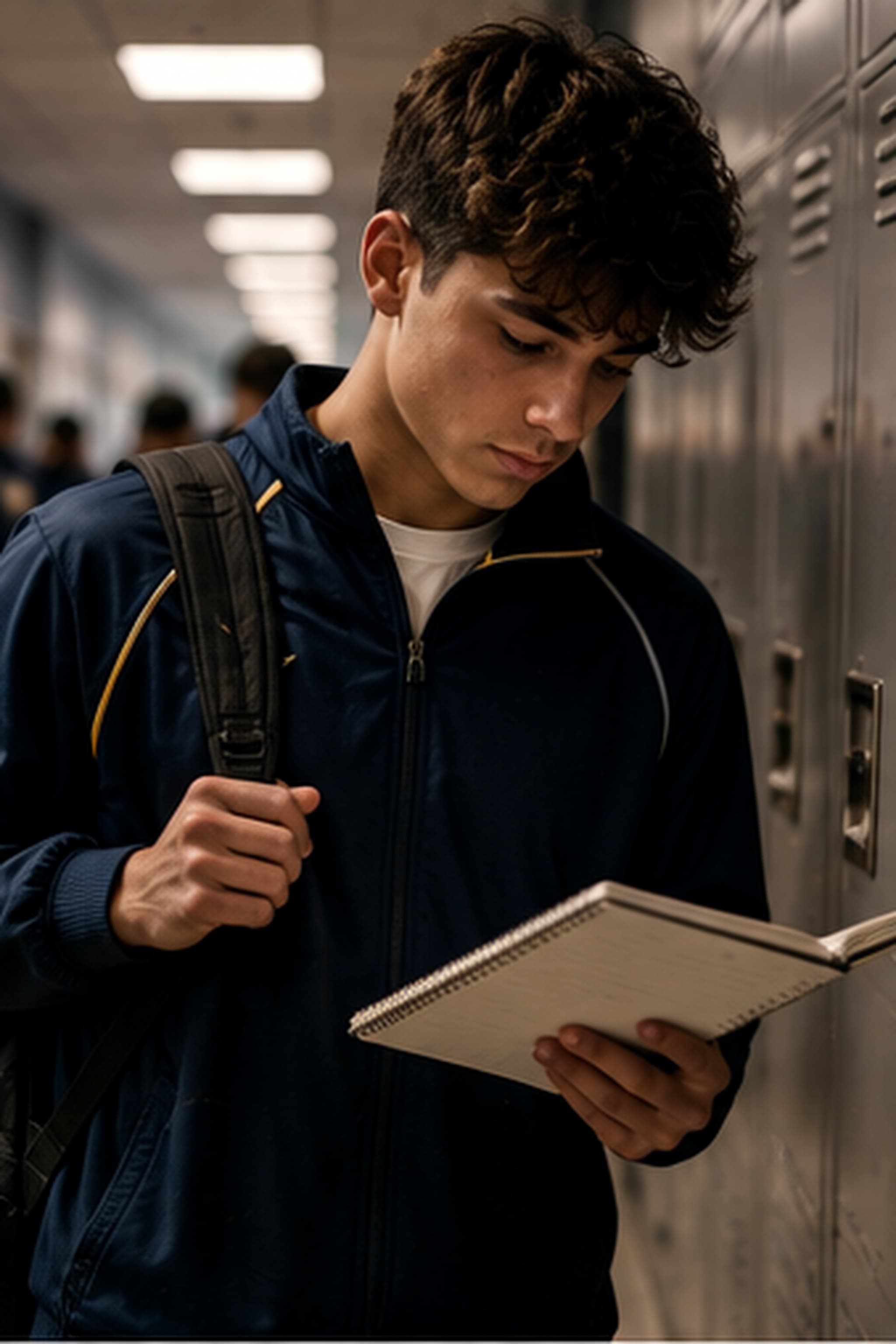Student in a navy team jacket checking a paper planner between classes, lockers behind
