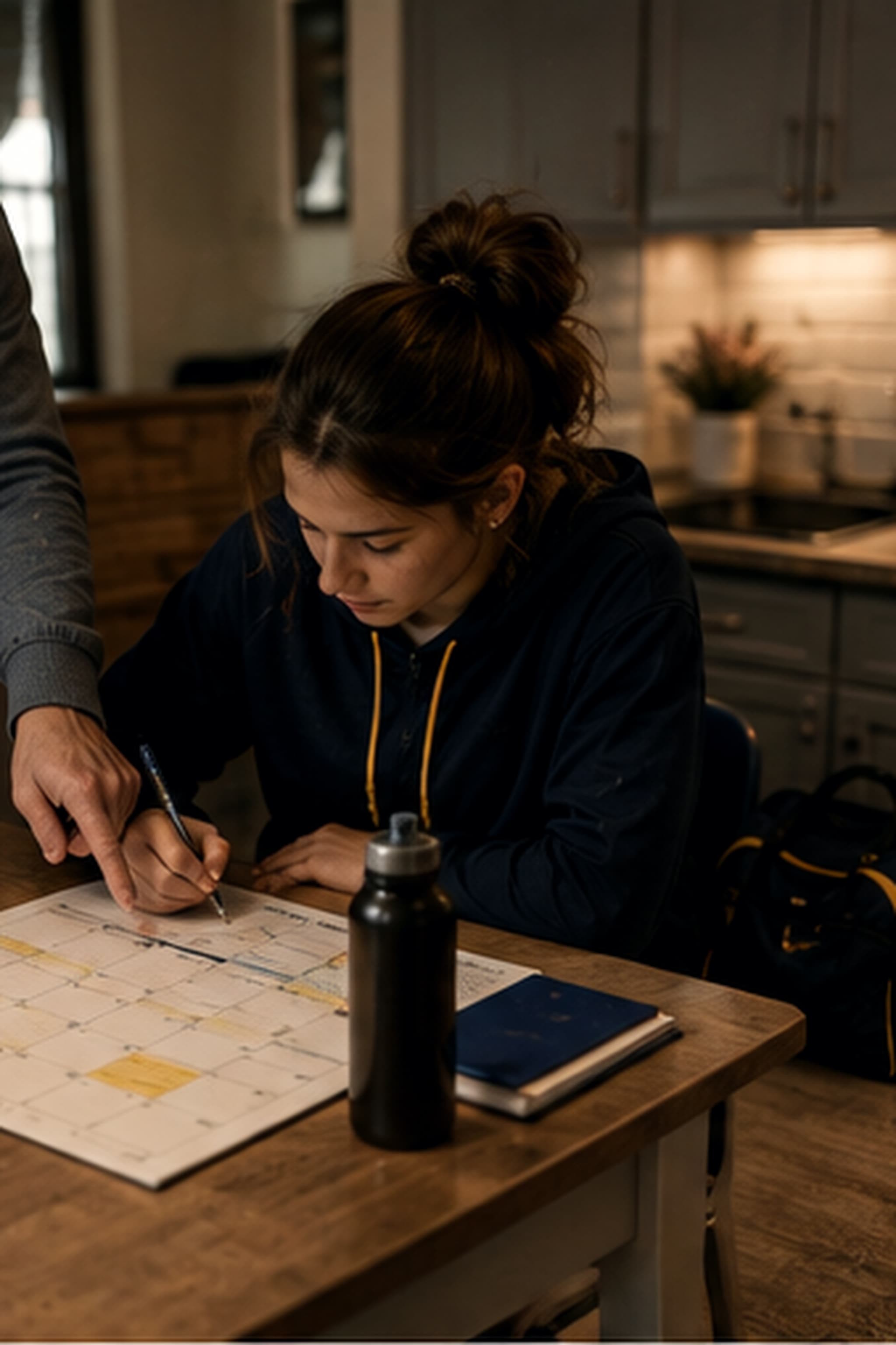 Student mapping the week on a paper calendar at the kitchen table, a parent pointing at a date