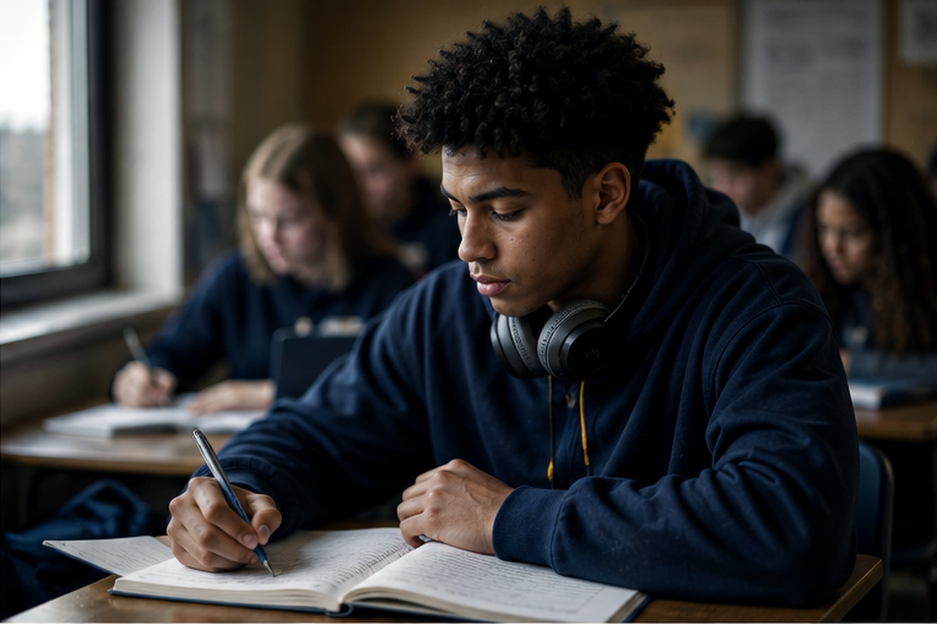 Student writing in class, headphones around his neck, window light