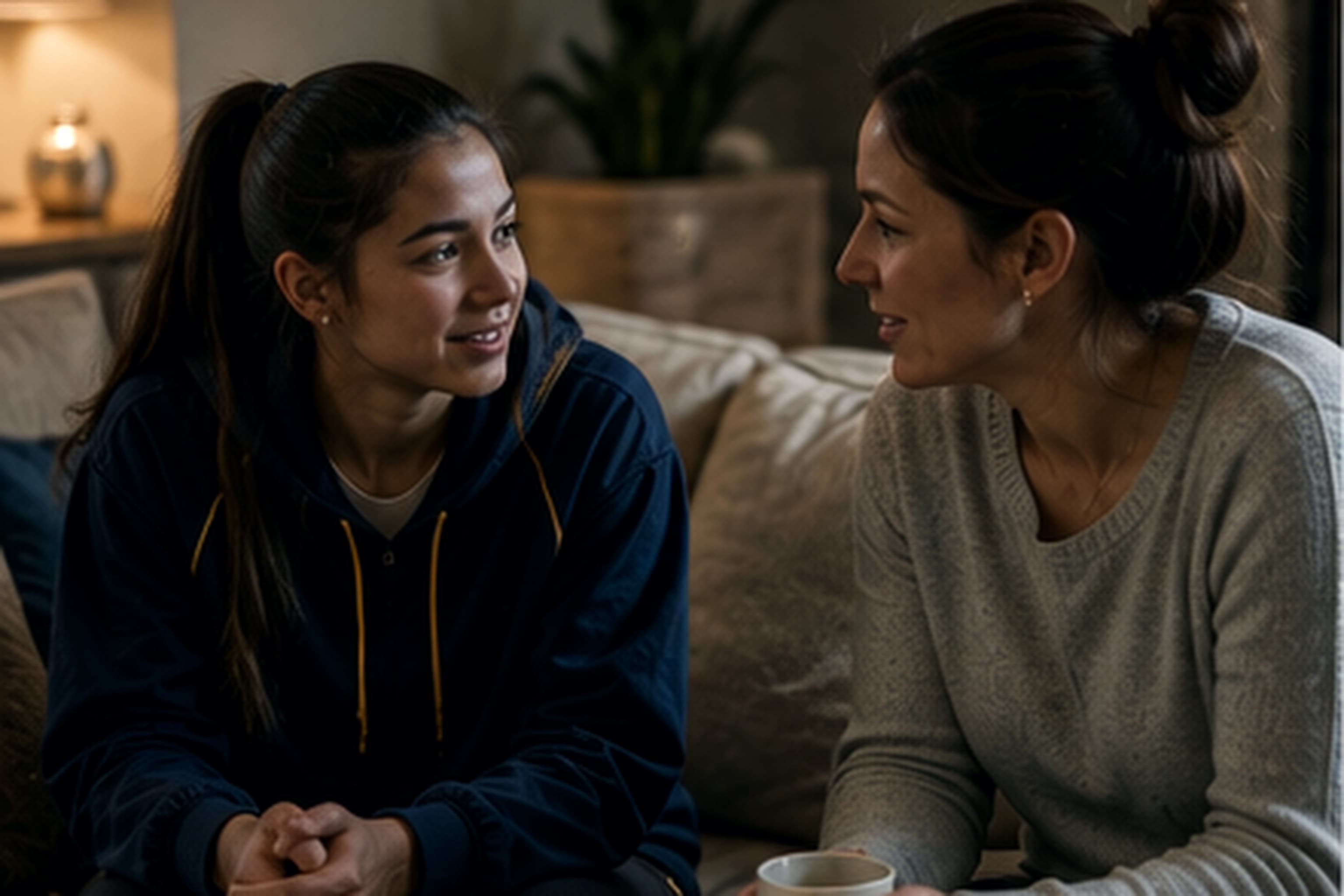 Student and parent talking on the couch in the evening