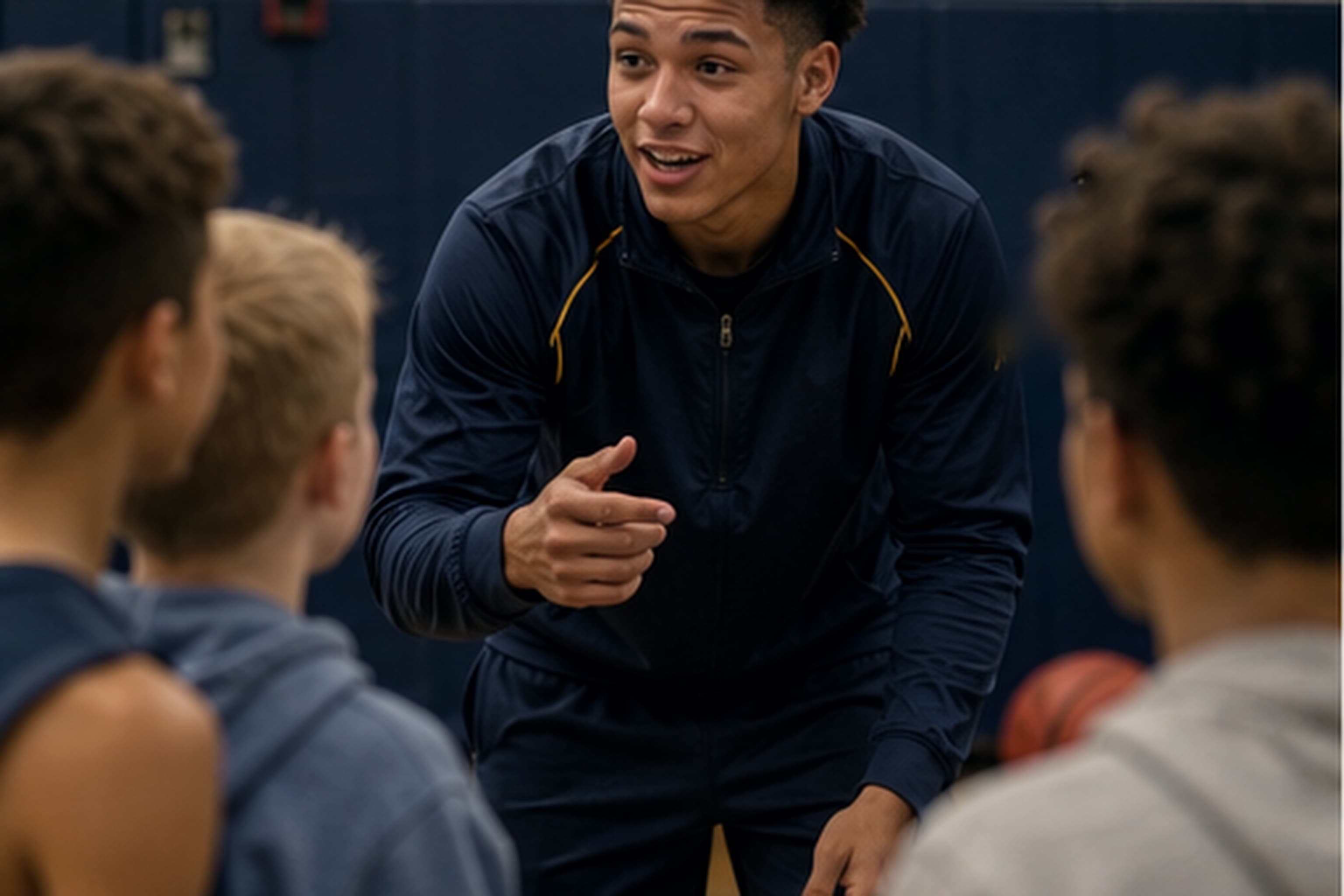 Student-athlete coaching younger kids at a rec-center gym