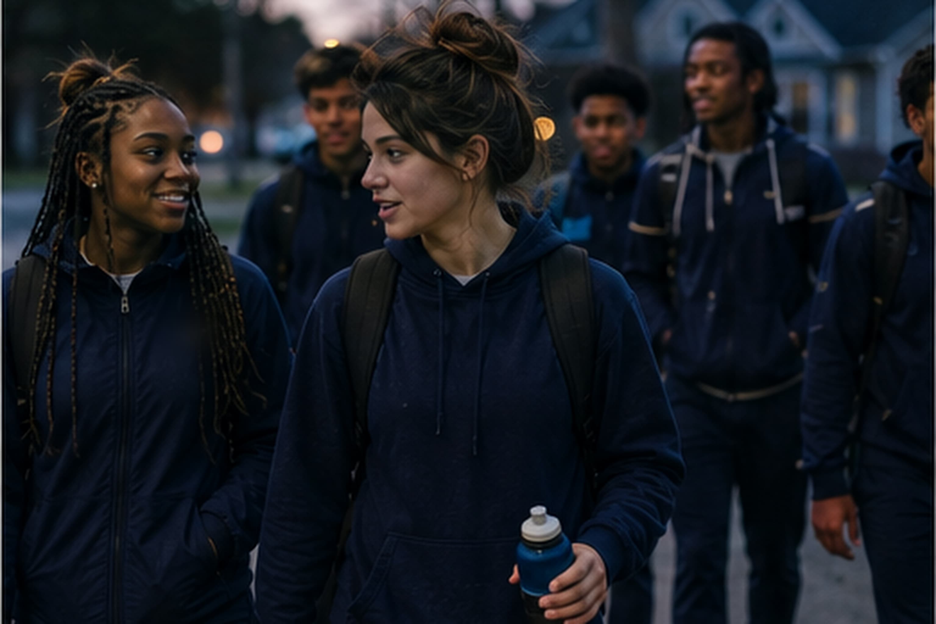Teammates walking home through the neighborhood at dusk