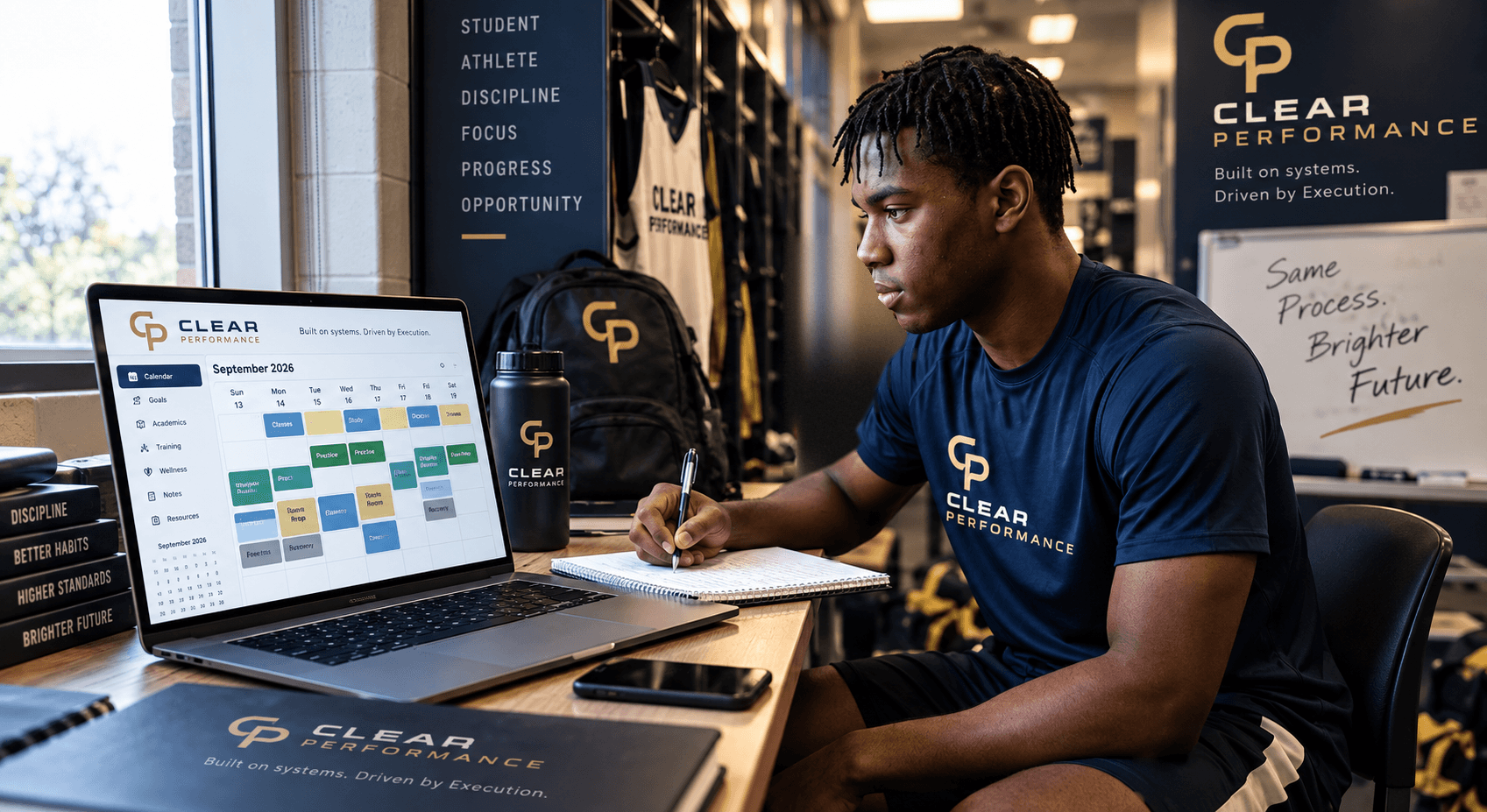 A student-athlete in a Clear Performance shirt writing in a notebook beside a laptop showing his weekly calendar, in a team locker room