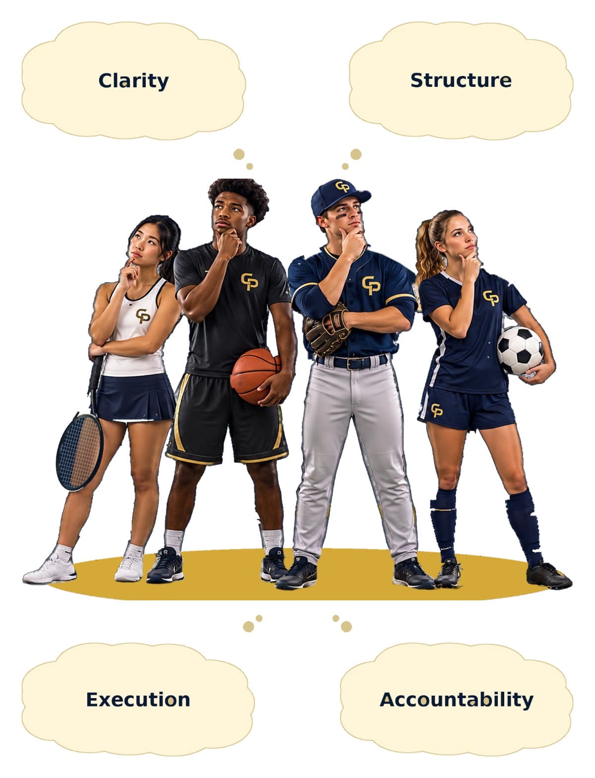 Four student-athletes in Clear Performance uniforms — tennis, basketball, baseball and soccer — standing together, each thinking, with thought clouds reading Clarity, Structure, Execution and Accountability.