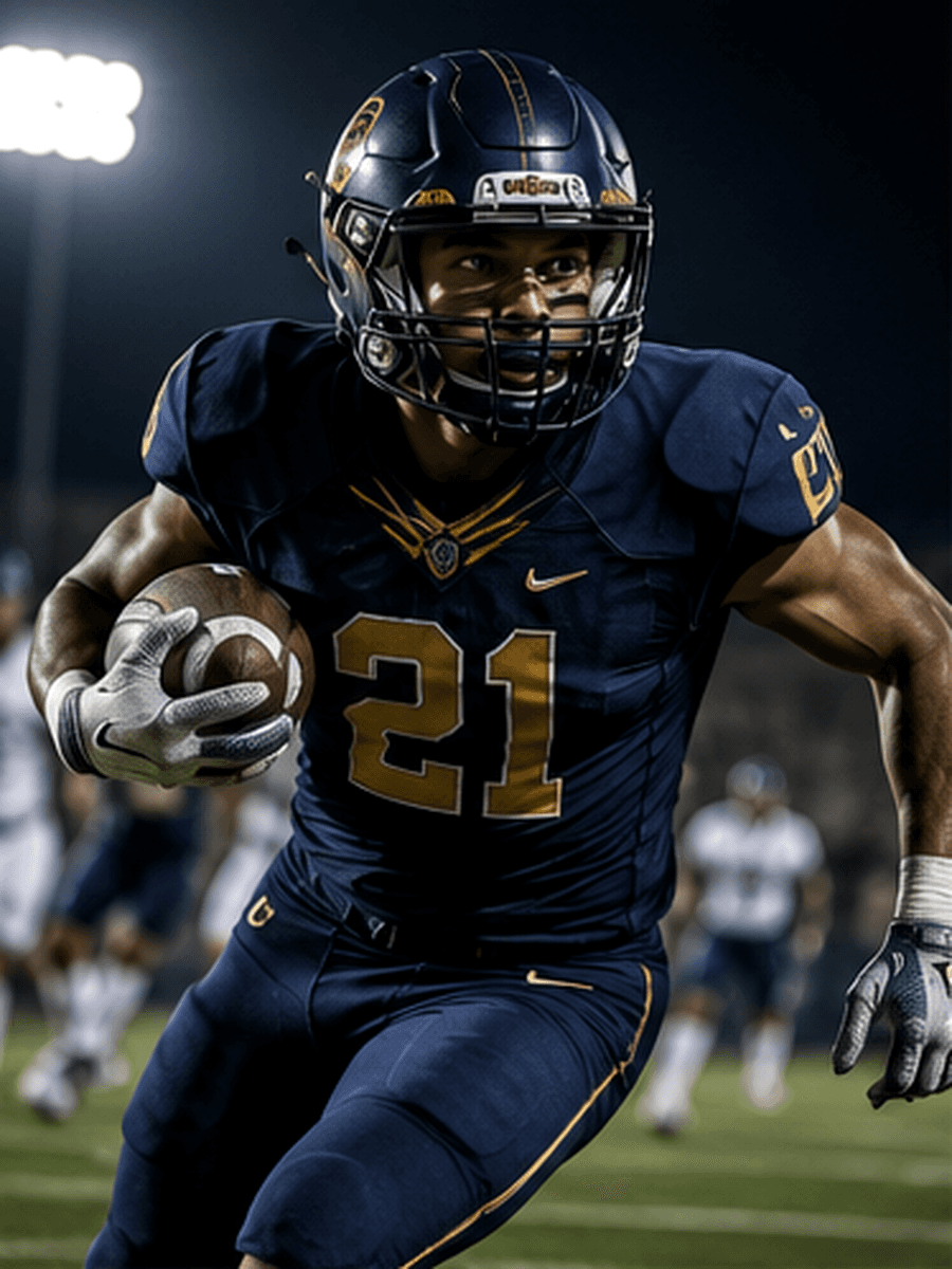 Football ball-carrier cutting upfield during a night game