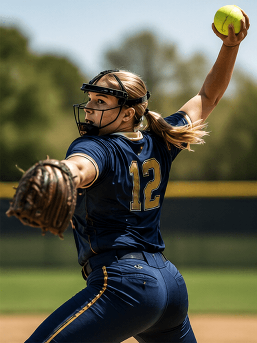 High-school softball pitcher in navy and gold at the top of her windup